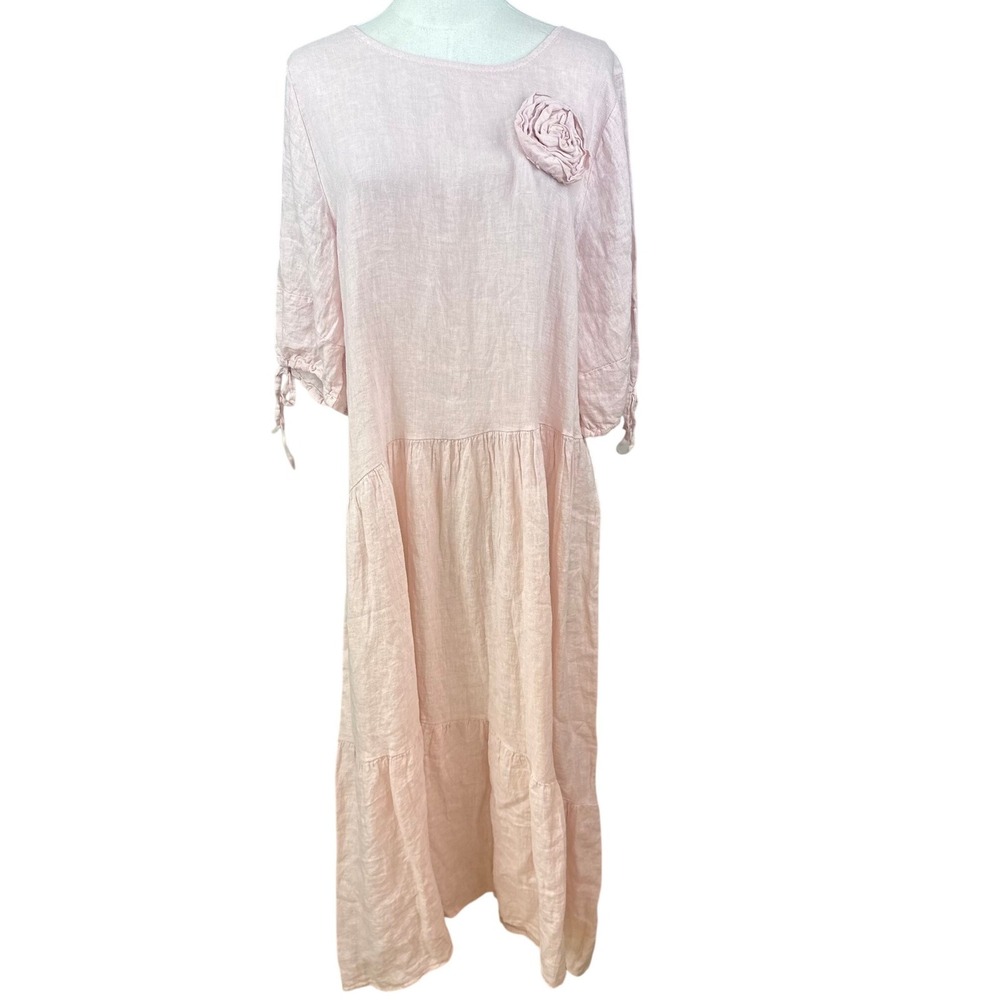 Blanco De Ibiza by Isabel Tavares PK Italian Linen Tier Maxi Dress Rose Applique